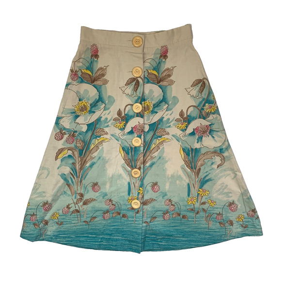 American Vintage Dresses & Skirts - Vintage Floral Full Button Front Midi Skirt XS Blue Ivory Parisian Botanical